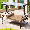 EROMMY 57in Outdoor Patio Swing with Hardtop, 3 person Bench with 2 Side Cup Holder, Convertible Backrest Swing Bed with Cushion, 2 Pillows-Erommy